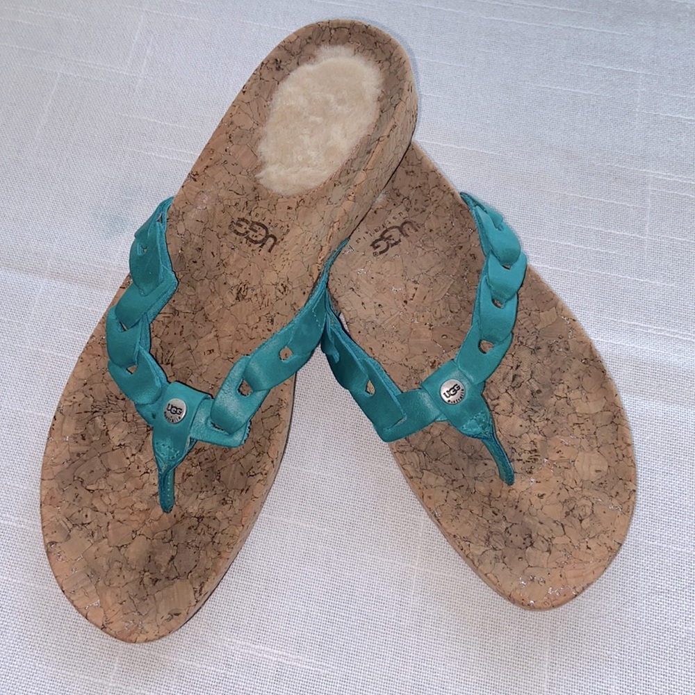 UGG Turquoise Leather Cork Footbed Flip Flops